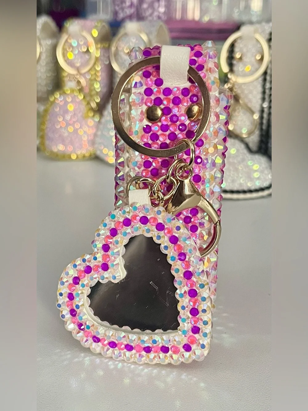 Hand Crafted Barbie Core Iridescent Crystal Lipstick Case and Mirror Keychain